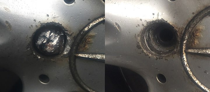 Before - Damaged Mercedes alloy caused by someone trying to do it themselves, After - No other damage to the alloy